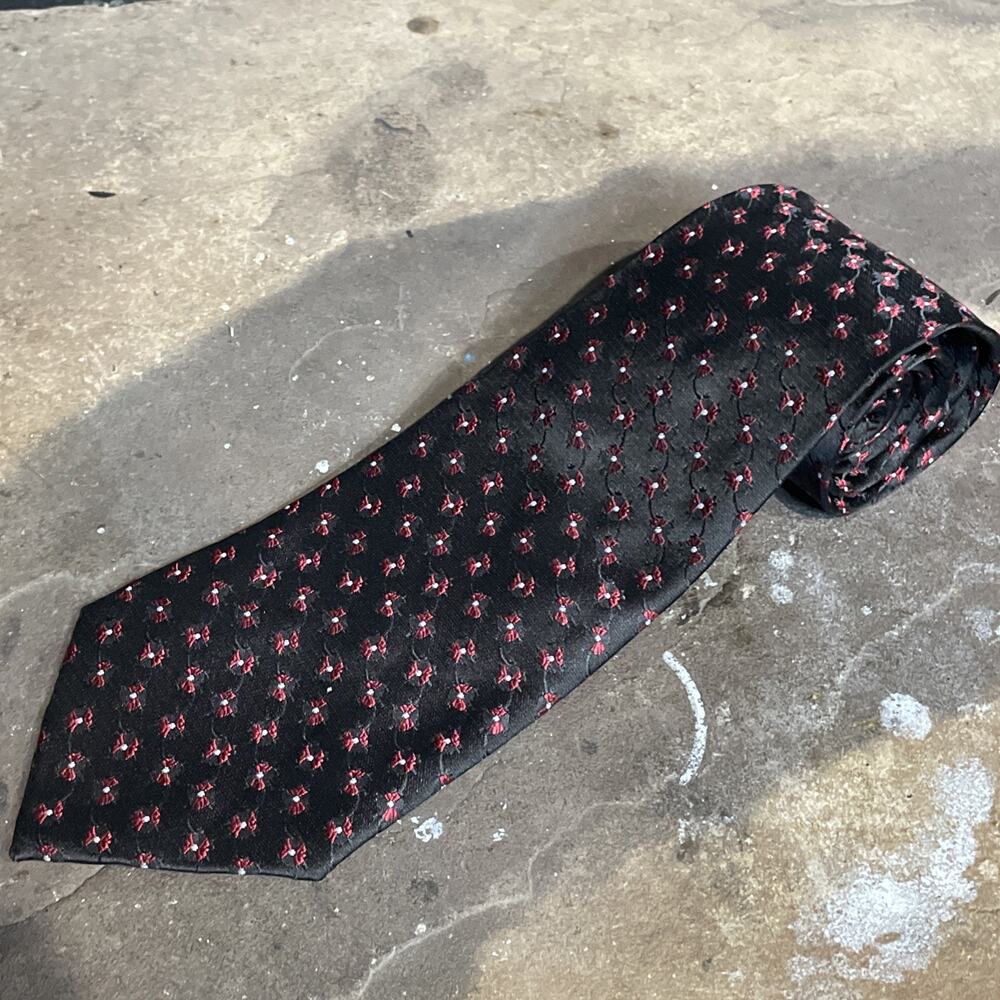 Kai Long Tie 100% Silk Black/red Bow Pattern Handmade